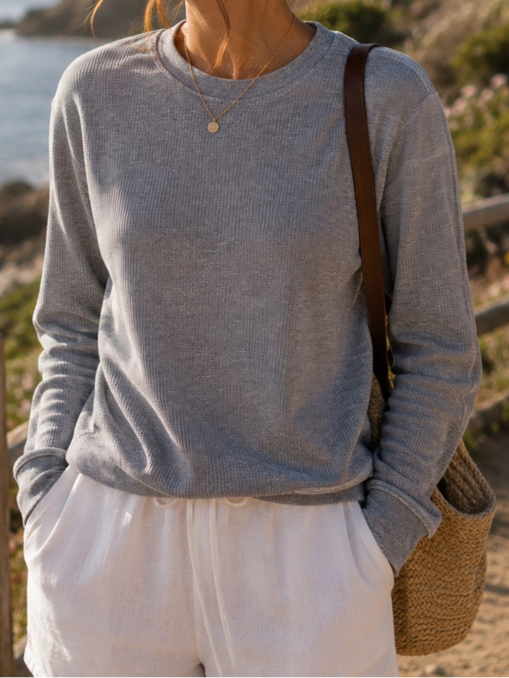 Marine Layer Women’s Light Heather Gray Textured Back Zip Crewneck Sweatshirt